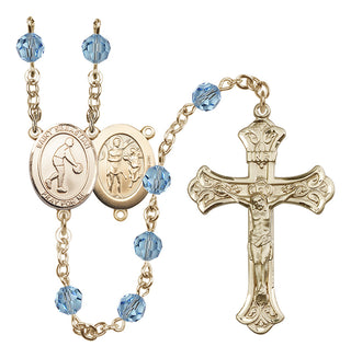 14 Karat Gold 6mm Austrian Crystal Saint Sebastian/Basketball Rosary in Aqua