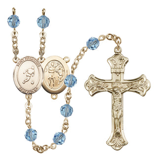 14 Karat Gold 6mm Austrian Crystal Saint Sebastian/Soccer Rosary in Aqua