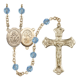 14 Karat Gold 6mm Austrian Crystal Saint Sebastian/Wrestling Rosary in Aqua