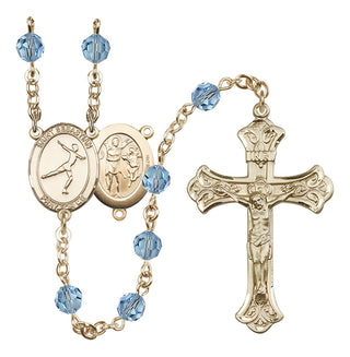14 Karat Gold 6mm Austrian Crystal Saint Sebastian/Figure Skating Rosary in Aqua