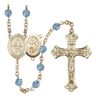 14 Karat Gold 6mm Austrian Crystal Saint Sebastian/Field Hockey Rosary in Aqua