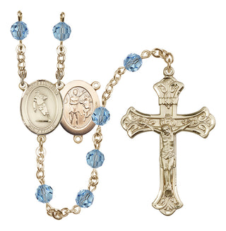14 Karat Gold 6mm Austrian Crystal Saint Sebastian / Rugby Rosary in Aqua