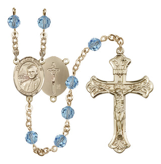 14 Karat Gold 6mm Austrian Crystal Saint John Paul II Rosary in Aqua
