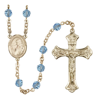 14 Karat Gold 6mm Austrian Crystal Saint Finnian of Clonard Rosary in Aqua