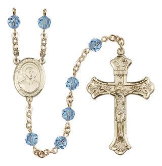 14 Karat Gold 6mm Austrian Crystal Saint John Berchmans Rosary in Aqua