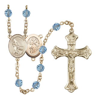 14 Karat Gold 6mm Austrian Crystal Saint Sebastian / Football Rosary in Aqua