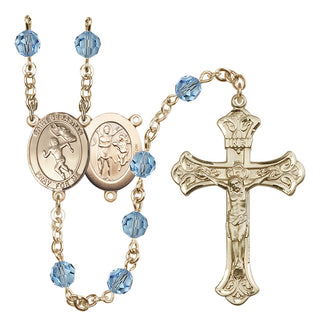 14 Karat Gold 6mm Austrian Crystal Saint Sebastian /Track&Field-Women Rosary in Aqua