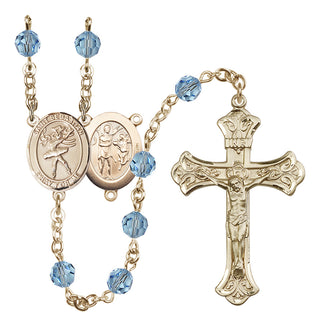 14 Karat Gold 6mm Austrian Crystal Saint Sebastian / Dance Rosary in Aqua