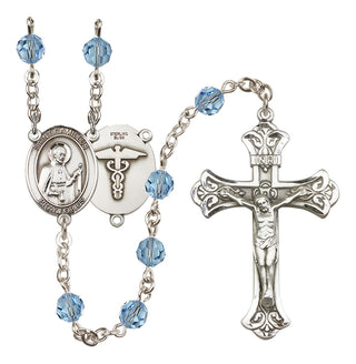 Sterling Silver 6mm Austrian Crystal Saint Camillus of Lellis / Nurse Rosary in Aqua