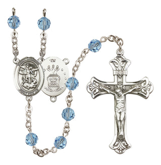 Sterling Silver 6mm Austrian Crystal Saint Michael / Air Force Rosary in Aqua