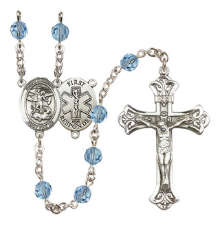 Sterling Silver 6mm Austrian Crystal Saint Michael/1St Responder Rosary in Aqua