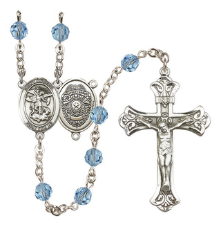 Sterling Silver 6mm Austrian Crystal Saint Michael the Archangel/Policeman Rosary in Aqua