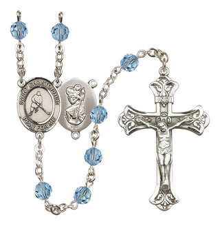 Sterling Silver 6mm Austrian Crystal Saint Christopher/Ice Hockey Rosary in Aqua