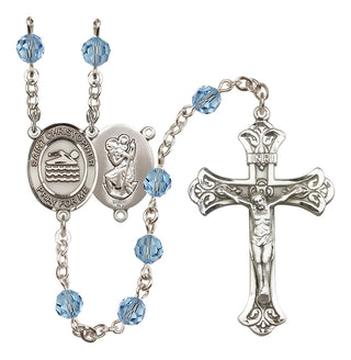 Sterling Silver 6mm Austrian Crystal Saint Christopher/Swimming Rosary in Aqua