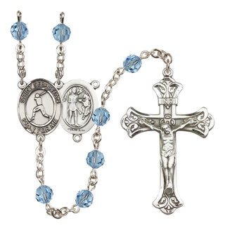 Sterling Silver 6mm Austrian Crystal Saint Sebastian/Baseball Rosary in Aqua