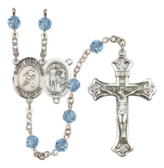 Sterling Silver 6mm Austrian Crystal Saint Sebastian/Soccer Rosary in Aqua