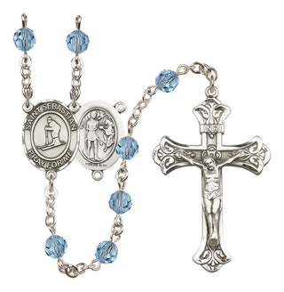 Sterling Silver 6mm Austrian Crystal Saint Sebastian/Skiing Rosary in Aqua