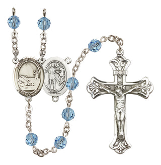 Sterling Silver 6mm Austrian Crystal Saint Sebastian / Fishing Rosary in Aqua