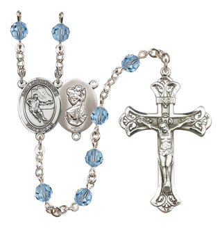 Sterling Silver 6mm Austrian Crystal Saint Christopher/Hockey Rosary in Aqua