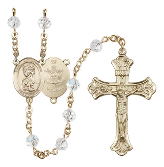 14 Karat Gold-Filled 6mm Austrian Crystal Saint Christopher / Army Rosary in Crystal
