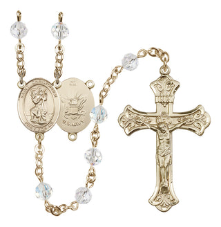 14 Karat Gold 6mm Austrian Crystal Saint Christopher / Navy Rosary in Crystal