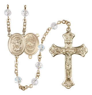 14 Karat Gold 6mm Austrian Crystal Saint Michael the Archangel/Policeman Rosary in Crystal