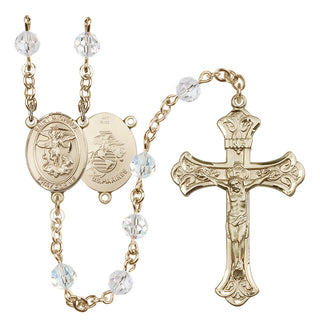 14 Karat Gold 6mm Austrian Crystal Saint Michael / Marines Rosary in Crystal