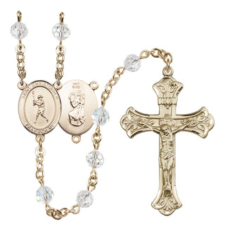 14 Karat Gold 6mm Austrian Crystal Saint Christopher/Baseball Rosary in Crystal
