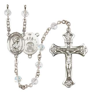 Sterling Silver 6mm Austrian Crystal Saint Christopher / Air Force Rosary in Crystal