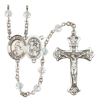Sterling Silver 6mm Austrian Crystal Saint Sebastian/Basketball Rosary in Crystal