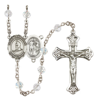 Sterling Silver 6mm Austrian Crystal Saint Sebastian/Skiing Rosary in Crystal