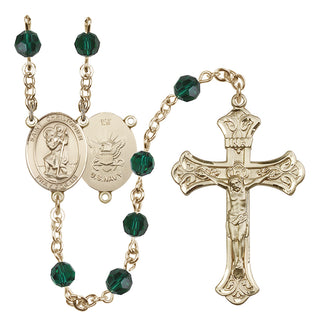 14 Karat Gold-Filled 6mm Austrian Crystal Saint Christopher / Navy Rosary in Emerald