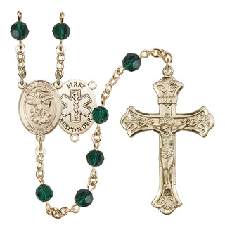 14 Karat Gold-Filled 6mm Austrian Crystal Saint Michael/1St Responder Rosary in Emerald