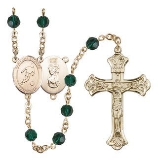 14 Karat Gold-Filled 6mm Austrian Crystal Saint Christopher/Soccer Rosary in Emerald