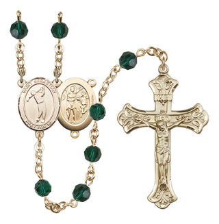 14 Karat Gold-Filled 6mm Austrian Crystal Saint Sebastian/Golf Rosary in Emerald