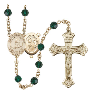 14 Karat Gold-Filled 6mm Austrian Crystal Saint Sebastian/Skiing Rosary in Emerald