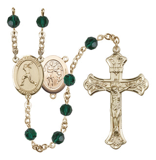 14 Karat Gold-Filled 6mm Austrian Crystal Saint Sebastian / Softball Rosary in Emerald