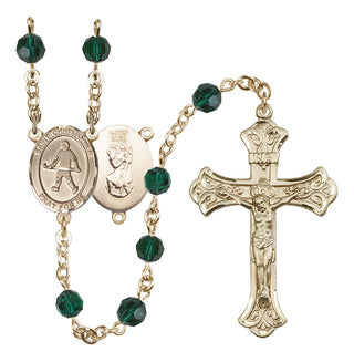 14 Karat Gold-Filled 6mm Austrian Crystal Saint Christopher / Field Hockey Rosary in Emerald