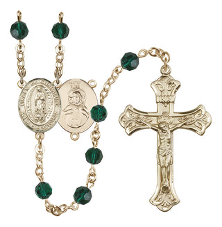 14 Karat Gold-Filled 6mm Austrian Crystal Virgen de Guadalupe Rosary in Emerald