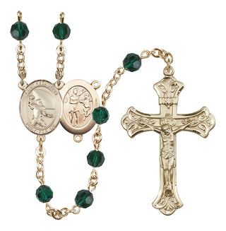 14 Karat Gold-Filled 6mm Austrian Crystal Saint Sebastian / Football Rosary in Emerald