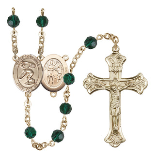14 Karat Gold-Filled 6mm Austrian Crystal Saint Sebastian/Swimming Rosary in Emerald