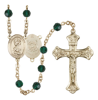 14 Karat Gold 6mm Austrian Crystal Saint Christopher / Coast Guard Rosary in Emerald