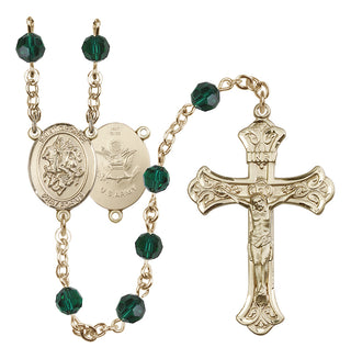 14 Karat Gold 6mm Austrian Crystal Saint George / Army Rosary in Emerald