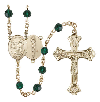 14 Karat Gold 6mm Austrian Crystal Saint Luke the Apostle / Doctor Rosary in Emerald