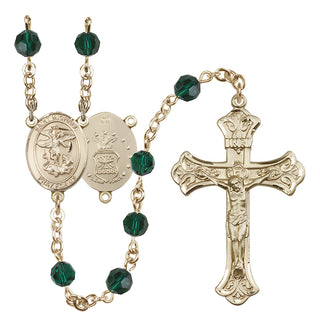 14 Karat Gold 6mm Austrian Crystal Saint Michael / Air Force Rosary in Emerald