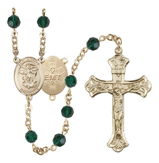 14 Karat Gold 6mm Austrian Crystal Saint Michael / EMT Rosary in Emerald