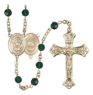 14 Karat Gold 6mm Austrian Crystal Saint Michael the Archangel/Policeman Rosary in Emerald