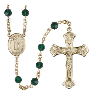 14 Karat Gold 6mm Austrian Crystal Saint Stephen the Martyr Rosary in Emerald