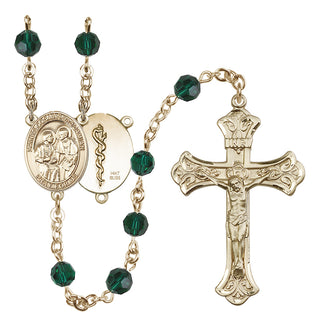 14 Karat Gold 6mm Austrian Crystal Saints Cosmas & Damian / Doctors Rosary in Emerald