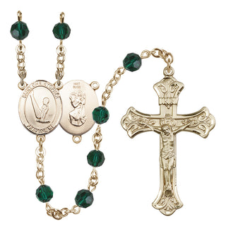 14 Karat Gold 6mm Austrian Crystal Saint Christopher/Gymnastics Rosary in Emerald